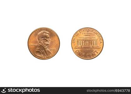 Front and back of USA coin 1 cent with clipping path.