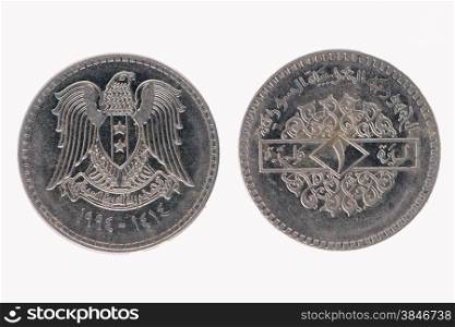 Front and Back view of a Egyptian coin on white background.