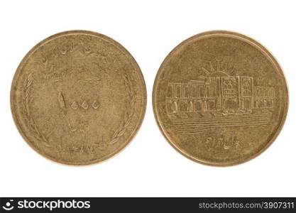 Front and Back view of a Iran coin on a white background