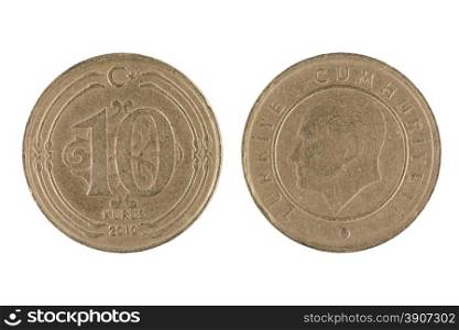 Front and Back view of a Turkish 10 Kurus Coin on a white background