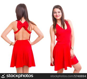 front and back view of young woman in red dress posing isolated on white
