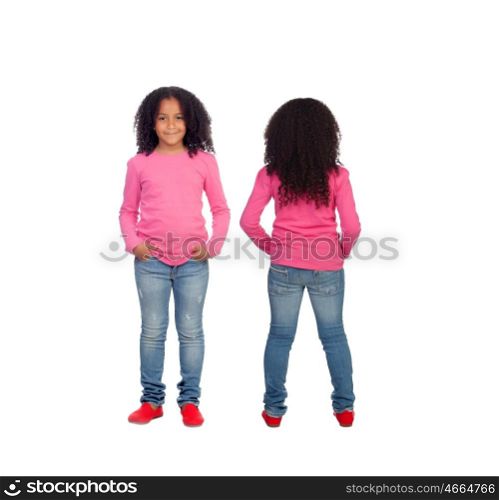Front and back views of a beautiful African American girl isolated on a white background