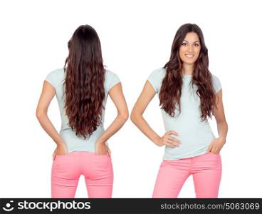 Front and back views of a teenger girl with long hair isolated on a white background