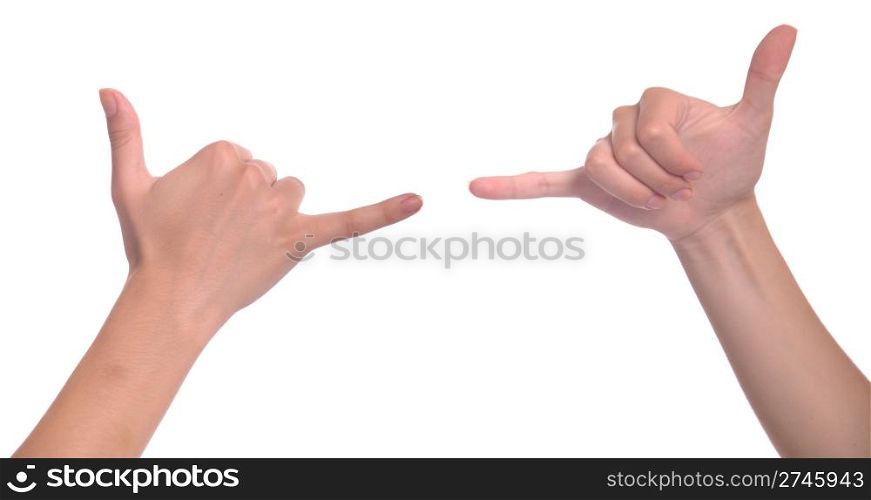 front and back woman hand making a call me gesture (isolated on white background)