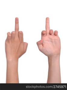 front and back woman hand showing the middle finger (isolated on white background)