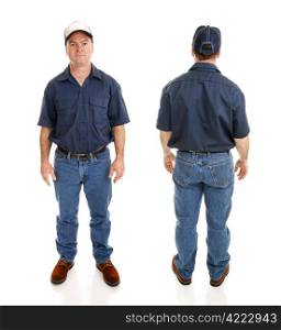 Front and backviews of average blue collar working man, isolated on white background.