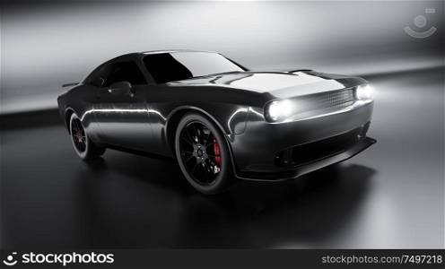 Front angle view of a generic black brandless American muscle car on a black background . Transportation concept . 3d illustration and 3d render.