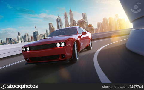 Front angle view of a generic red brandless American muscle car in a city street road with motion blur . Transportation concept . 3D Rendering . Mixed media .