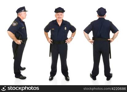 Front, back, and profile views of a handsome, mature police officer. Full body isolated on white.