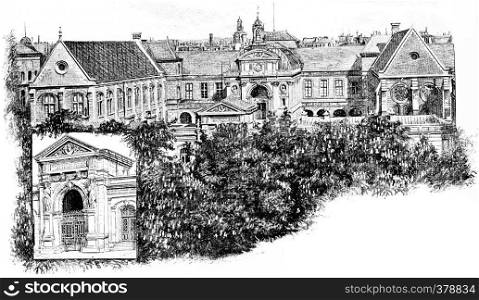 Front door and all of the National Conservatory of Arts and Crafts, vintage engraved illustration. Paris - Auguste VITU ? 1890.