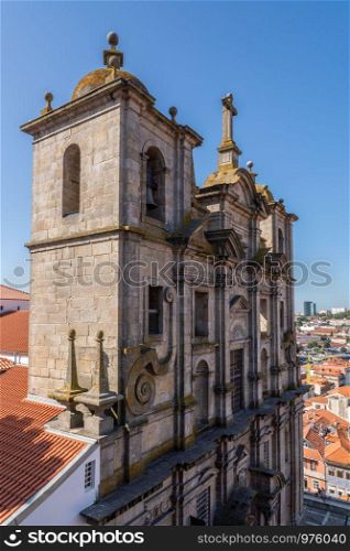 Front entrance of Sao Lourenco church over downtown Porto in Portugal. Facade of St Lawrence church in Porto Portugal