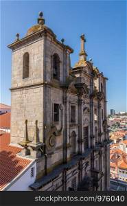 Front entrance of Sao Lourenco church over downtown Porto in Portugal. Facade of St Lawrence church in Porto Portugal