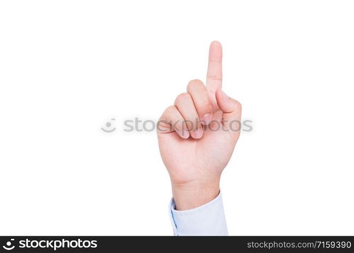 Front Hand of businessman index finger pointing upwards isolated on white background
