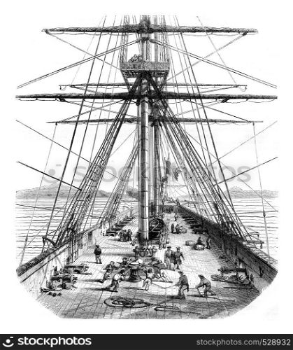 Front of a warship, vintage engraved illustration. Magasin Pittoresque 1847.