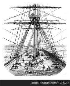 Front of a warship, vintage engraved illustration. Magasin Pittoresque 1847.