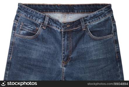 Front pockets, waist area, zipper, and its button of dark blue jeans isolated on white background. Close up shot. Clothing concept.. Front pockets, waist area, zipper, and its button of dark blue jeans isolated on white background. Close up shot. Clothing concept