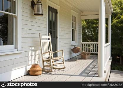 front porch of cape cod house, with rocking chair and lantern, providing a cozy and inviting space, created with generative ai. front porch of cape cod house, with rocking chair and lantern, providing a cozy and inviting space
