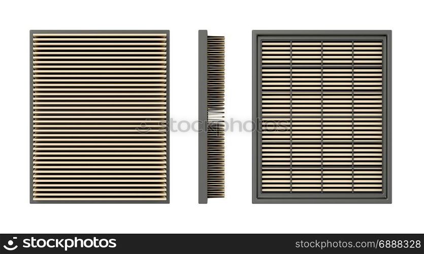 Front, side and back view of a car air filter, isolated on white background
