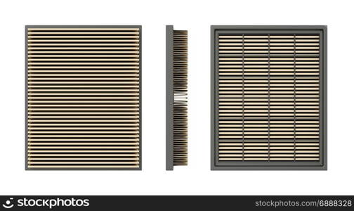 Front, side and back view of a car air filter, isolated on white background