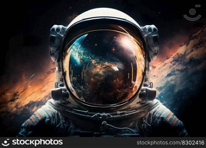 Front view astronaut potrait. Astronaut in space suit with galaxy and nebula reflection in helmet glass. Illustration. Generative AI.