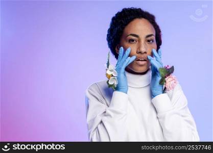 front view beautiful woman floral gloves posing with copy space