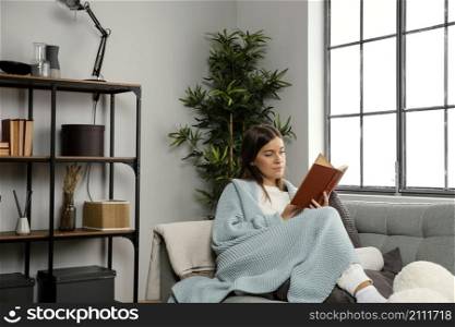 front view beautiful woman reading book