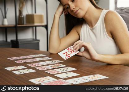 front view beautiful woman with cards 4