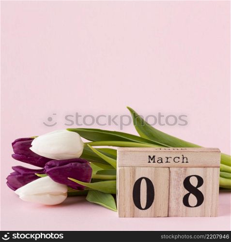 front view bouquet tulips with 8 march lettering