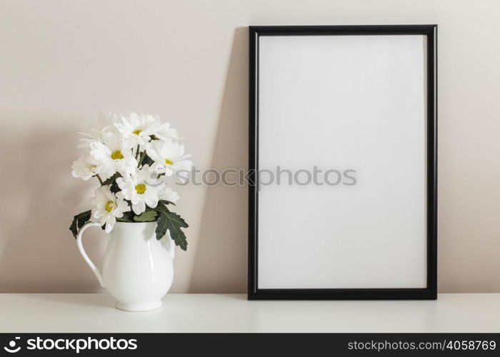 front view bouquet white flowers vase with empty frame