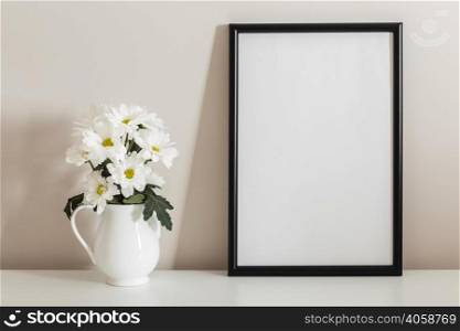 front view bouquet white flowers vase with empty frame