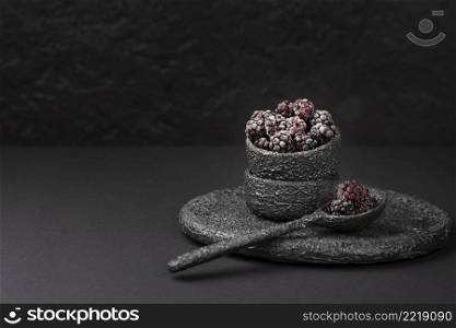 front view bowl with frozen blackberries copy space