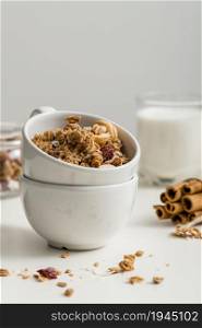 front view bowl with homemade granola. High resolution photo. front view bowl with homemade granola. High quality photo