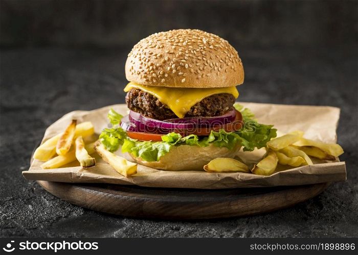 front view burger fries plate. Resolution and high quality beautiful photo. front view burger fries plate. High quality beautiful photo concept