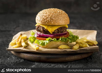 front view burger fries plate. Resolution and high quality beautiful photo. front view burger fries plate. High quality beautiful photo concept