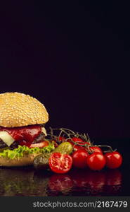 front view burger with black background