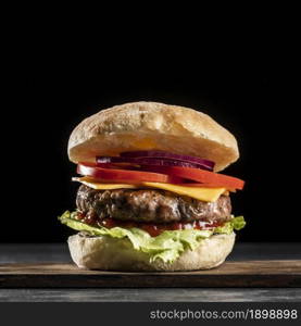 front view burger with veggies meat. Resolution and high quality beautiful photo. front view burger with veggies meat. High quality beautiful photo concept