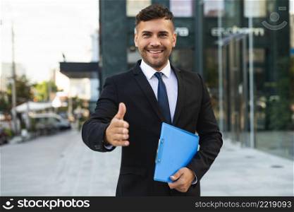 front view business man wants shake hands