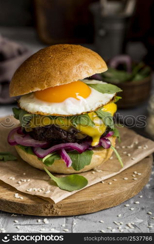 front view cheeseburger with fried egg