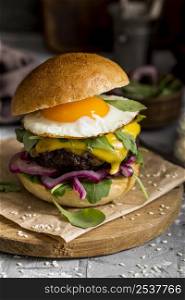front view cheeseburger with fried egg