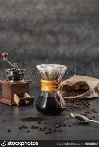 front view chemex with coffee copy space. Resolution and high quality beautiful photo. front view chemex with coffee copy space. High quality beautiful photo concept