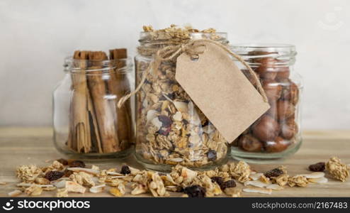 front view clear jars with breakfast cereals tag