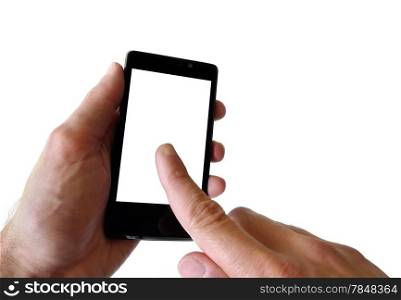 Front view close-up of man hands surfing on a smartphone with blank screen and empty space for your copy, advertising, app and picture isolated on white background.