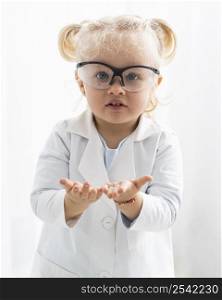 front view cute toddler with lab coat safety glasses