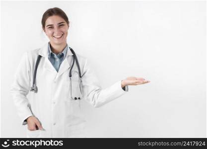 front view doctor smiling with copy space
