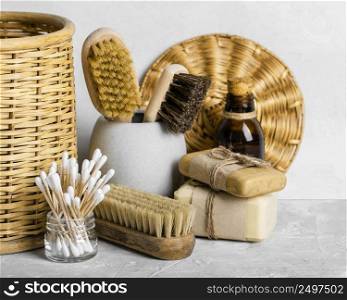 front view eco friendly cleaning products set with brushes cotton swabs