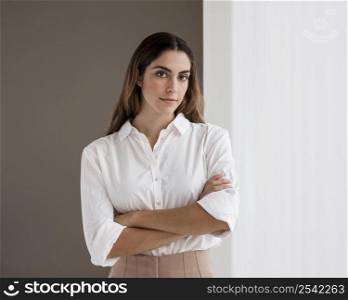 front view elegant businesswoman with copy space