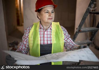 front view female construction worker with blueprint
