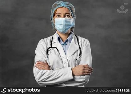 front view female doctor with medical mask hairnet posing