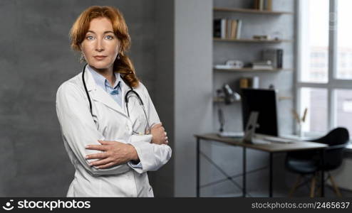 front view female physician with stethoscope posing office