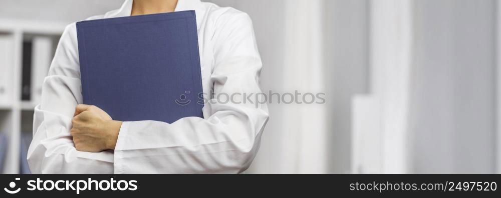 front view female researcher with clipboard copy space